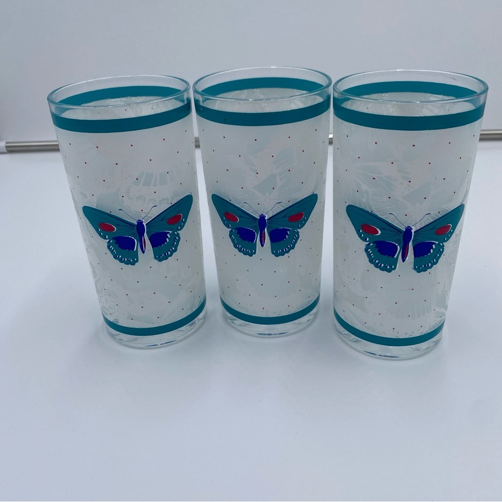 HJ Stotter Vintage Acrylic Tumbler Cup Glasses USA Butterfly Moth Blue MCM Lot 3